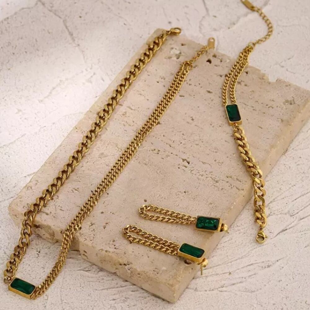 Emerald Green Gold Zircon Matching Chain Link Necklace Bracelet Earrings Set